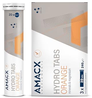 AMACX Hydro Tabs, Elektrolyte ohne Zucker Tabletten mit Vitamin C, 3 x 20 Magnesium Brausetabletten, Hydratation für Sportler, Elektrolyte Sport, Recovery Drink für Mineralienhaushalt – Orange