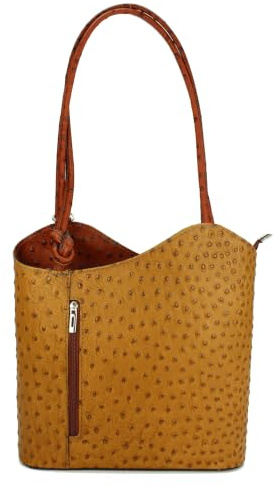 Belli italienische Ledertasche Backpack Classic 2in1 Damen Rucksack Leder Handtasche made in italy Schultertasche - 28x28x8 cm (B x H x T) (Cognac Braun Strauss)
