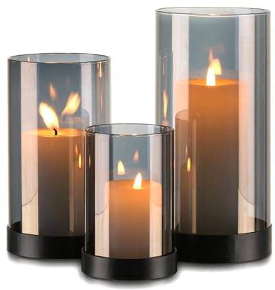 Candeldo Windlicht Glas Glaszylinder Windlichter: 3er Set Windlicht Outdoor Schwarz Metall Kerzenhalter Deko Tisch Wohnzimmer Garten Vase Modern Windlichter Draußen und Drinnen Teelicht
