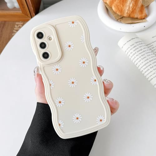 ZTOFERA Case for Samsung Galaxy S24 5G, Cute Curly Wave Frame Daisy Pattern Liquid Silicone Case, Flexible Shockproof Protective Bumper Cover for Samsung S24 - Beige