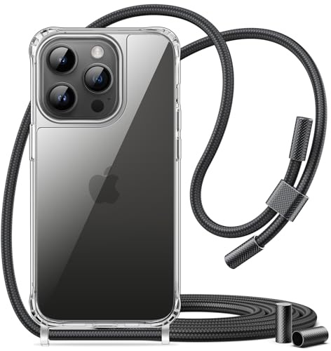 JETech Crossbody Case for iPhone 14 Pro, Space Black | Adjustable Crossbody Strap, Anti-Yellowing Clear Back, Shockproof Protection