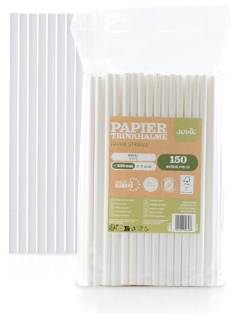Mank Umweltfreundliche Papiertrinkhalme, Pappstrohalme für Partys & Hochzeiten, in recycelbarem Folienbeutel, Strohhalme (150, Weiß, Ø 8 mm / 23 cm)