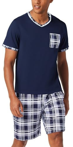 Aseniza Schlafanzug Herren Kurz Baumwolle Sleepwear Set V-Ausschnitt bequem