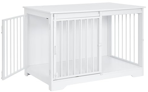 Hzuaneri 100cm Cage pour Chiens, Table d’Appoint, Niche Moderne pour Chiens, Cage pour Chiots, Maisonnette pour Animaux, 2 Portes, 100 x 60 x 68 cm, Blanc DFC02313W