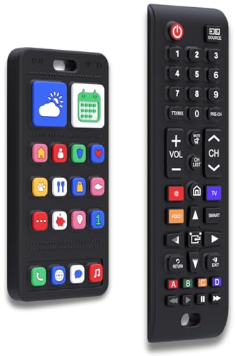 Juego de mordedores de teléfono y mando a distancia – 100% silicona – Juego de juguetes para bebé en forma de mando a distancia y teléfono móvil, sin BPA, para niños y niñas, sin electrónica, 2