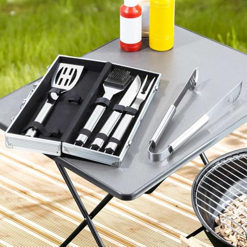 Edelstahl Grillbesteck, 5-TLG, im Aluminium-Koffer, Pfannenwender, Zange, Messer, Gabel und Grillbürste