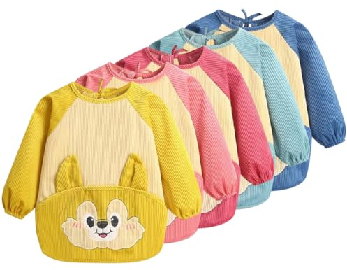 AOOPOO Baby Lätzchen mit Lange Ärmeln, 5 Stück Wasserdicht Kinder Ärmellätzchen Nässeschutz Babylätzchen mit Ärmeln Fütterung Lätzchen Schürze zum Malen Spielen Essen, mit Großer Tasche, für 1-6 Jahre