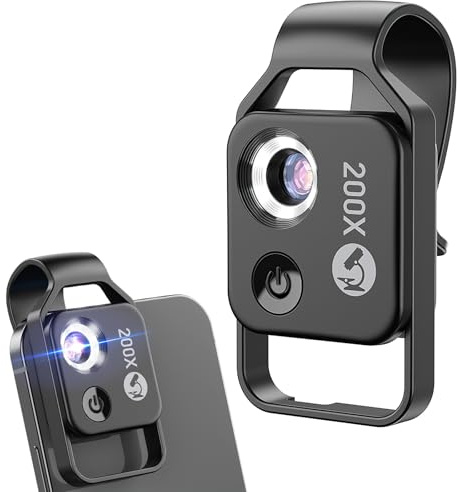 OBEST Smartphone-mikroskop med telefonklämma, 200X HD digitalt mikroskop med CPL lins och LED-ljus, elektroniskt mikroskop kompatibelt med iPhone och Android-mobiltelefoner (svart)