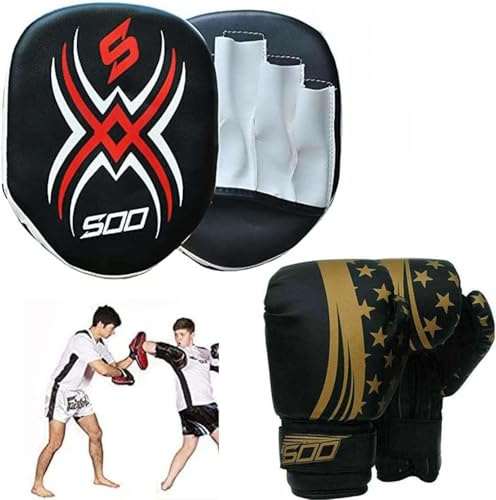 Kids Junior Focus Pads Set Hook & Jabs Pads Coaching Pad Pro Boxing Mitts Sparing Gloves Punching MMA Karate Training Mitten Target Hand Striking Shield (Gold/Black)