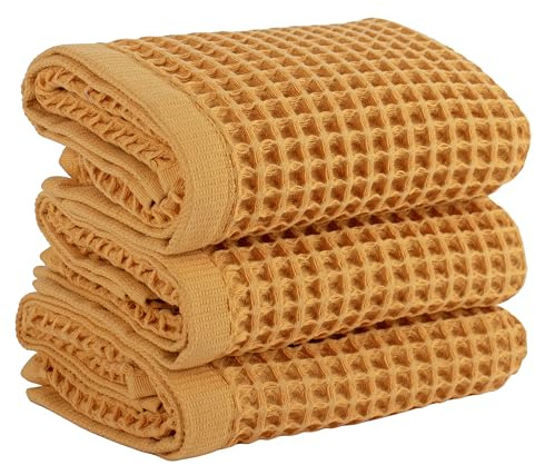 PÜSKÜL Natural 100% Turkish Cotton Waffle Hand and Kitchen Towels Set of 3