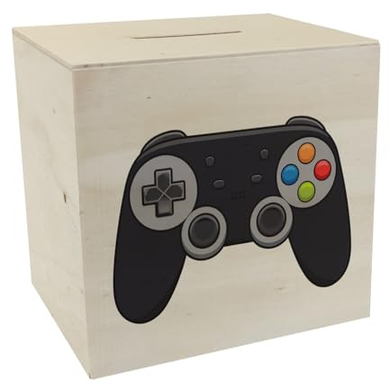 Videospiel-Controller Spardose aus Holz - Gamer Sparschwein Schwarzer Videospiel-Controller für Enthusiasten mit bunter Tastenanordnung und kreuzförmiger Illustration