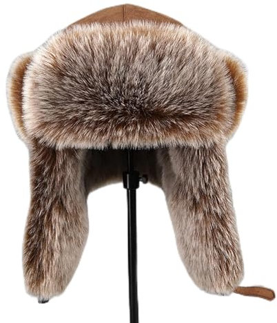 Thermo-Fell gefütterte Trapper-Bombermütze mit Ohrenklappe, für Herren, Halswärmer, rundum winddicht, warm, isoliert, Winter, Radfahren, Schnee, Ski, Snowboard, braun, Large