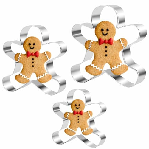 Set di 3 formine per biscotti a forma di omino di pan di zenzero, in acciaio inox, con bordo in PVC ecologico rosso