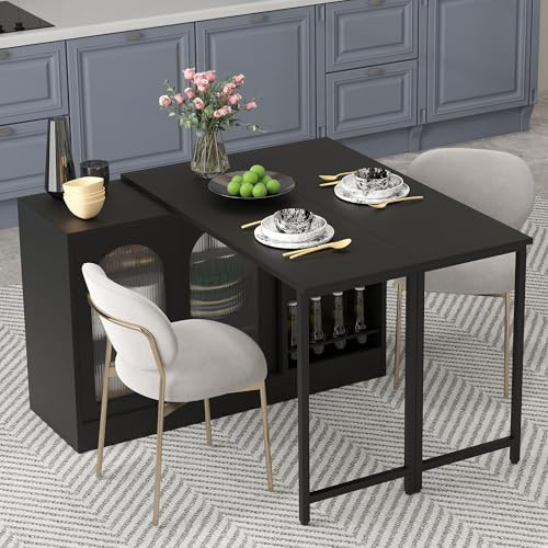 Merax Ausziehbarer Bartisch mit Stauraum, Um 360° drehbarer Stehtisch mit klappbarem Esstisch, mit Glasschiebetüren, Gewürzregale, Stauraum rechts, für Küche Kaffeebar, Schwarz