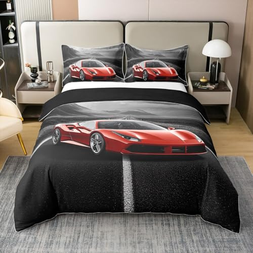 Loussiesd Rot Rennwagen Baumwolle Bettwäsche Set 135x200cm Kinder Speed Sportwagen Betten Dekorative Extremsport Rennwagen Bettbezug Set Schnell und wütend Betten 2Stück Kein Tröster