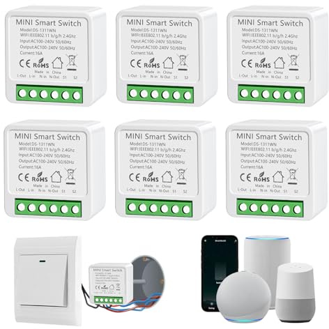 6 Stück Smart Lichtschalter Modul, Alexa Lichtschalter Smart Home, Mini WLAN Smart Switch Kompatibel Google, Sprachsteuerung, Alexa Schalter für Smart Life, Neutralleiter Erforderlich