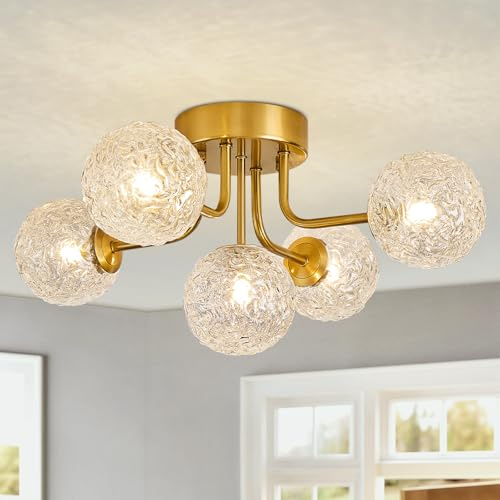 JUJUQI Moderne Sputnik Deckenleuchte mit 5 Transparente Glaskugel Gold Deckenlampe, Vintage Kronleuchter, halb eingebaute Pendelleuchte für Wohnzimmer Schlafzimmer Küche und Esszimmer