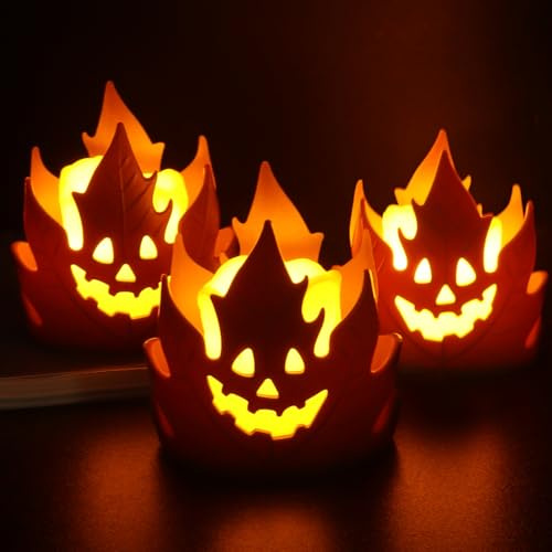 Leonshco Velas Halloween, 3 Velas LED Halloween Fantasma de Hoja de Arce, Sin Llama, Funciona con Pilas, Ideal Para Interiores y Exteriores, Mesas de Comedor, Jardines, Fiestas, Otoño Decoración
