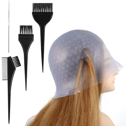 SHENLIU 5 Stück Silikon Highlight Kappe, SträHnchenhaube Haare Friseur SträHnenhaube Highlight Haar Kappe Stränchen Haube Mit Pinseln Und Nadel FäRbepinsel Blonde SträHnen Set(blau)