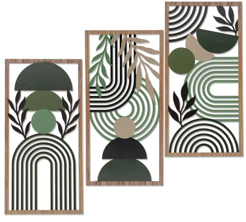 3Pcs Sage Green Boho Framed Wooden Wall Art,40x20cm 3D Hollow Geometric Vase Sculpture,Bohemian Home Decor Cafes,Gallery Walls,Offices,Living Rooms,Bedrooms,Study Rooms and hotels