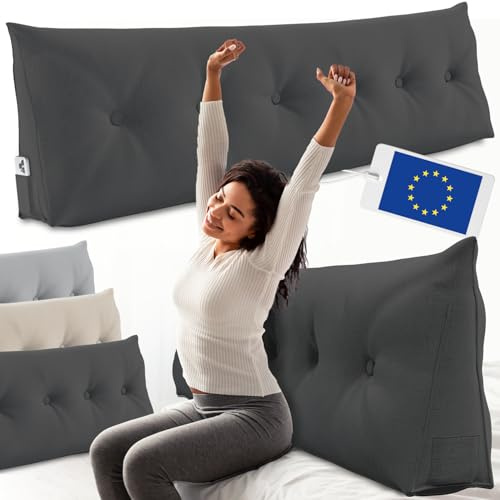 ELONEO Rückenkissen 180 cm breit, Keilkissen für Bett und Sofa geeignet, dreieckiges Lesekissen, Kissen mit abnehmbarem und waschbarem Bezug, mit praktischem Seitenfach