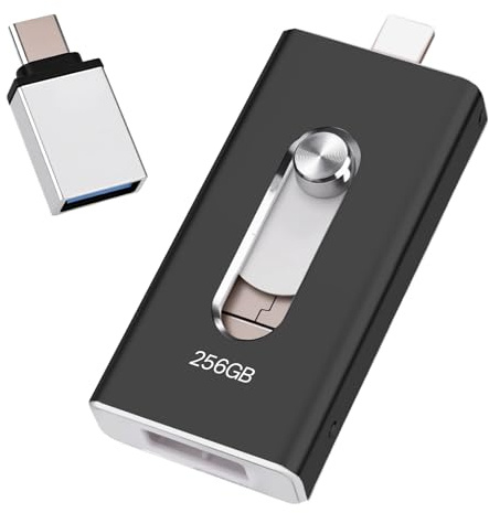 USB Stick 256GB for iPhone, [MFi-certified] 4-in-1 Flash Drive for iphone, Photo Stick for iPhone/iPad/Android/PC, Without App USB 3.0 High-Speed Lightnning Memory Stick Transfer Photos Videos, Black