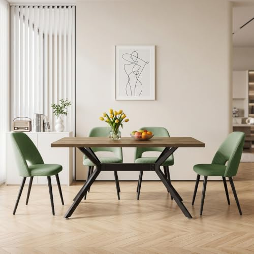 ANVOFONG Essgruppen in Walnussholzoptik,Esstisch mit 4 Grün-Stuhl | Esstisch in 140 x 80 x 76 cm mit 4 Ergonomischer Design aus Cord Esszimmerstühle, für Esszimmer, Küche, Wohnzimmer