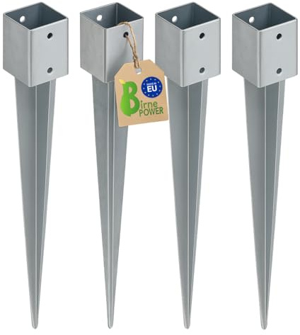 BirnePower Support de Poteau à Enfoncer 46x46 mm. Ancrage au Sol en Acier Galvanisé à Chaud Longueur 550 mm pour Poteaux en Bois Carrés, Clôtures (Lot de 4)