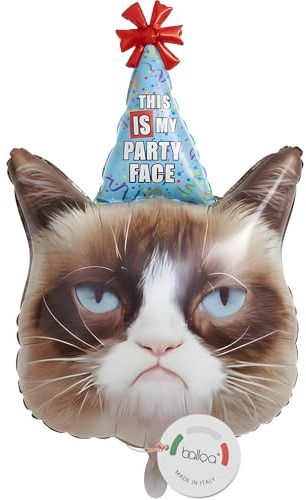 balloa Folienballon Katze Party Face, XXL Geburtstagsdeko, 73 cm | Katze mit This is my Party Face Spruch, XXL Tierform, heliumgeeignet, ungefüllt, humorvolle Geburtstagsdeko