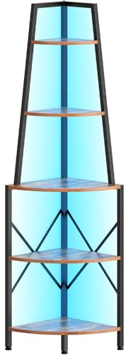 HOOBRO 5-Tier Corner Shelf with Lights, 67.9” Tall Corner Shelf Stand, Industrial Corner Bookshelf, Corner Plant Stand Display Shelf, for Living Room, Kitchen, Home Office, Rustic Brown BF120DCJ01