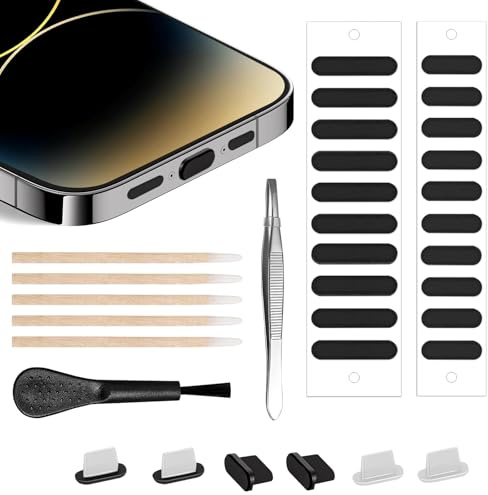 YIQILAIYA Kit de Limpieza para iPhone, Incluye Tapas Antipolvo USB C, Adhesivos Antipolvo para Altavoces, Tapas de Algodón, Cepillos y Pinzas
