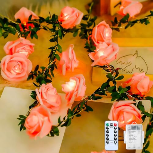 3M 20LED Lichterkette Rosen, Rose Blumengirlande mit Beleuchtung Girlande Frühling Beleuchtet Hängende Rosa Rose Blume Lichterketten Batteriebetrie Frühlingsdeko Blumengirlande für Party (3m-rosa)