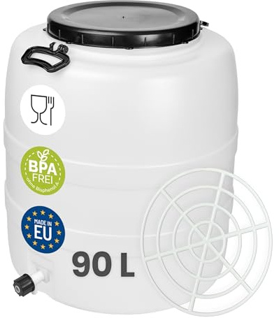 Garronda Bidón de Agua 90 L con Grifo y Prensa Barril HDPE GD-0187 Blanco | Barril HDPE con grifo y prensa para agua y alimentos; almacenamiento, fermentación y recogida de lluvia