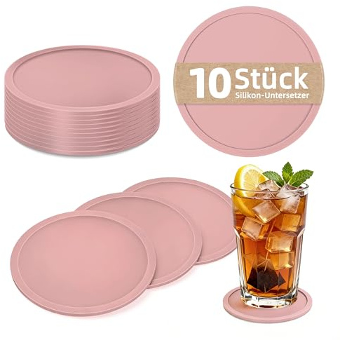 HELIMIAO Untersetzer Gläser Silikon,rutschfest Glasuntersetzer mit Hohem Rand für Auslaufschutz,Hitzebeständig Tassenuntersetzer für Couchtisch,Esstisch&Bar,10Stück Violett-Rosa