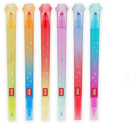 Legami - Set di 6 Pennarelli Doppia Punta Meow, Inchiostro a Base di Acqua | 1 a Scalpello di 4 mm con Glitter e 1 rotonda di 1 mm per sovrascrivere, Impugnatura triangolare, 3 x 10.9 x 1.7 cm
