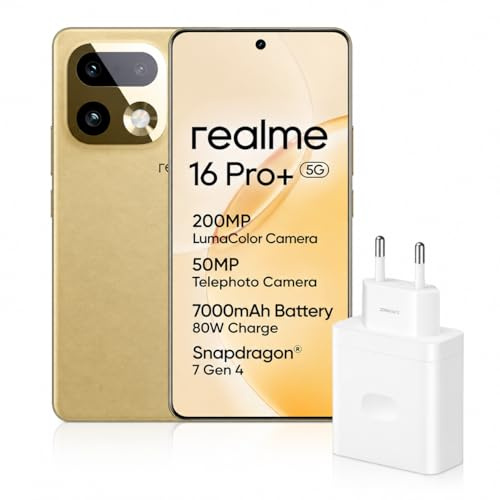 realme 16 Pro+ Smartphone 5G Móvil, 8+256 GB, 6,8 Pantalla AMOLED'1,5K 144 Hz, Cámara Principal 200MP OIS con AI, Batería 7000mAh, 80W Carga Ultra rápida, Dorado con Adaptador