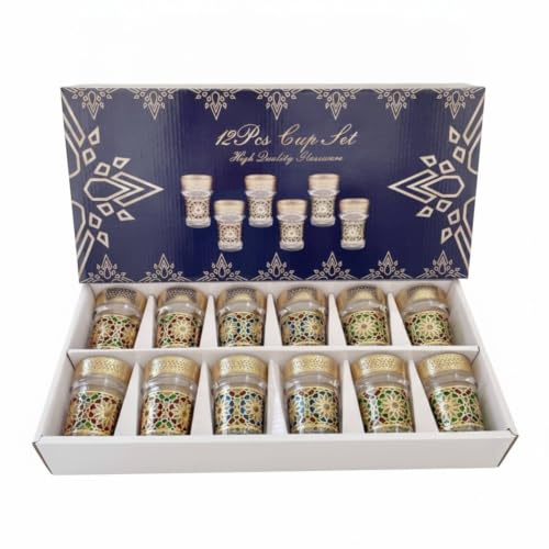 FytStycale 12 Piezas Juego Vasos Marroquíes Árabe Vasos Té con Bor Dorado corativos Vajilla para Coleccionistas