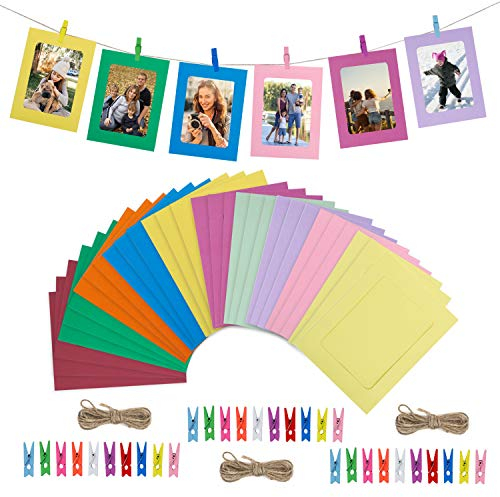 HONGXIN-SHOP Cornice portafoto in carta fai da te cornici da appendere album con clip in legno e iuta spago per decorazione da parete, 30 pezzi, 10 colori