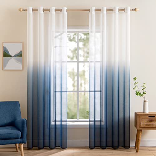 MIULEE 2 Unidades Cortinas Translúcida Visillo Suave Poliéster para Ventanas Balcon Color Gasa Moderna con 8 Anillas para Habitación Dormitorio Balcon Salón 140x245cm Gradiente Vertical Azúl Marino