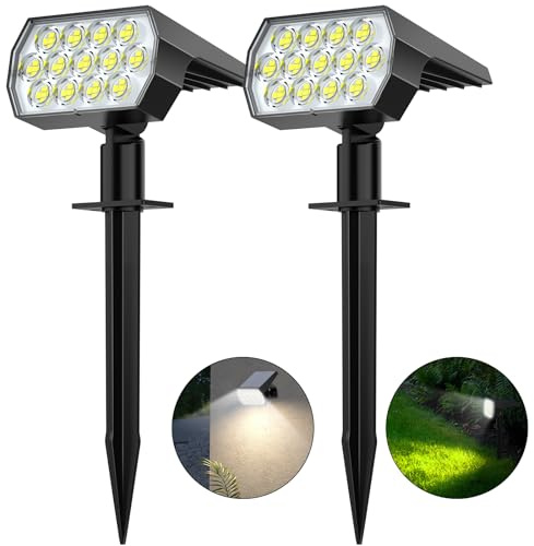Flaow Solarlampen für Außen, 65 LED 800LM 6500K Solarstrahler für Außen, 2-in-1 Solar Gartenleuchte, 3 Helligkeitsmodi Wasserdichte Solarleuchten für Garten Weg Terrasse Rasen (Kaltweiß, 2 Stück)