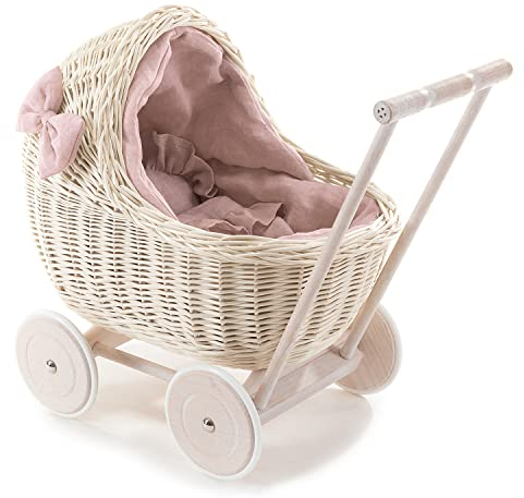 e-wicker24 DESAYER PUPPENWAGEN AUS WEIDE MIT LEINEN BETTWÄSCHE, Spielzeug AUS WEIDEN IN BEIGE, NATÜRLICHE KINDERSPIELZEUG, EIN Geschenk FÜR EIN Kind (rosa), 48x28 H47