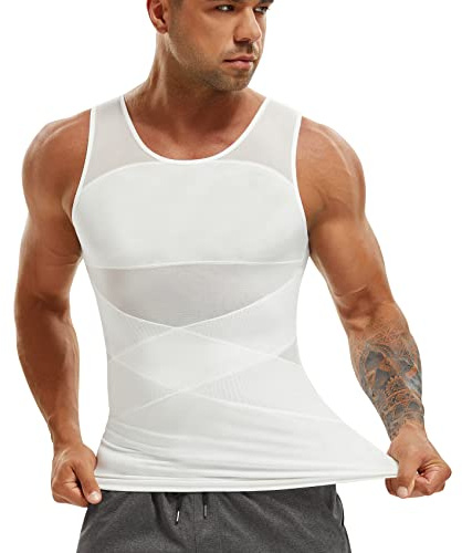 SOLCYSX Compression Shirt for Men Slimming Undershirt Body Shaper Tank top for gynomastica Sleeveless Shapewear Vest Men White
