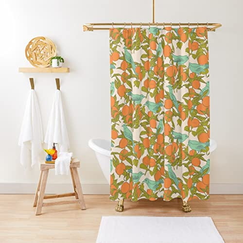 NHSY Oranges And Birds Pattern Beige Shower Curtain Fruit Grove Grapefruit Nectarines Mandarin Orange Tree Plant Printing Bathroom Decoration,150x180cm