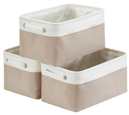 Mangata Cesto portaoggetti Set di 3, Scatole per Armadio Tessuto, Contenitori per Armadio, con Manici per Ripiani, Giocattoli (Pieghevole, Bianco Kaki Chiaro, Medio)