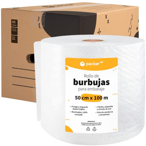 packer PRO Pack 10 Cajas Carton para Mudanzas y Almacenaje Ultra Resistentes con Asas 50x30x30cm y Rollo Burbuja Embalaje de 50cm Ancho y 100m