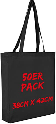 TEXXILLA Baumwolltasche - 50er Pack | Schwarz | mit Zwei Langen Henkeln, Boden- und Seitenfalte | 38x42cm | Jutebeutel | Einkaufstasche | unbedruckt