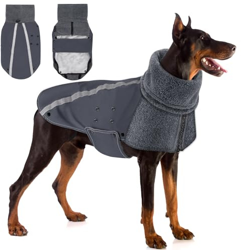 SlowTon vinter hundrock, varm polar fleece foder hund utomhus jacka med polotröja halsduk reflekterande ränder justerbar vattentät vindtät valpväst mjuka husdjurskläder