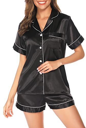Lovasy Silkespyjamas för kvinnor, klassisk satinpyjamas med knäppning, tvådelad pyjamas för kvinnor, set, nattkläder, myskläder