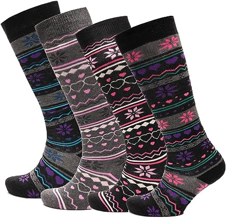 Sock Stack Lot de 4 paires de chaussettes de ski pour femme en coton majoritaire et respirant pour festival, marche, randonnée, Fair Isle, motifs nordiques, Fair Isle, ^