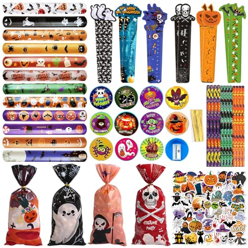 Halloween Schreibwaren Set, 110Stück Halloween Mitgebsel Kinder, Party Spielzeug Zubehör mit Bleistifte Bleistiftanspitzer Lineale Schnapparmband, Pinata Füllung für Geburtstag Kinder Partygeschenke